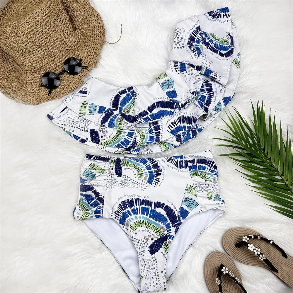 White one-shoulder women's swimsuit with a double-layer lotus leaf split skirt.