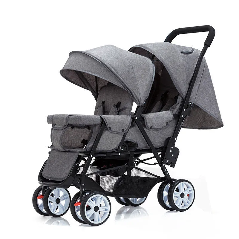 Folding double stroller with front and rear seats for two children, gray colour, dimensions 880x530x1030mm