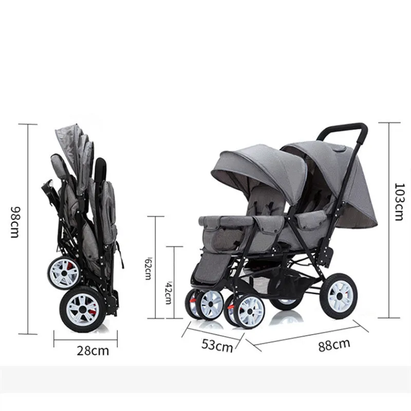 Folding double stroller with front and rear seats for two children, gray colour, dimensions 880x530x1030mm