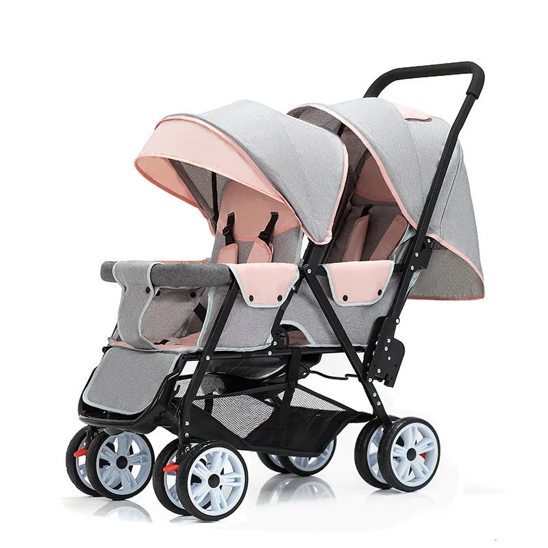 Folding double stroller with front and rear seats for two children, gray colour, dimensions 880x530x1030mm