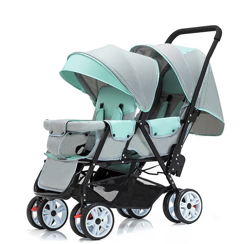 Folding double stroller with front and rear seats for two children, gray colour, dimensions 880x530x1030mm