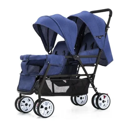 Folding double stroller with front and rear seats for two children, gray colour, dimensions 880x530x1030mm