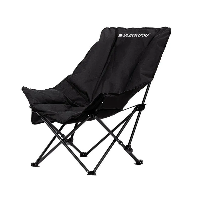 Night black folding moon chair with Oxford cloth seat and steel frame folded for portable transport