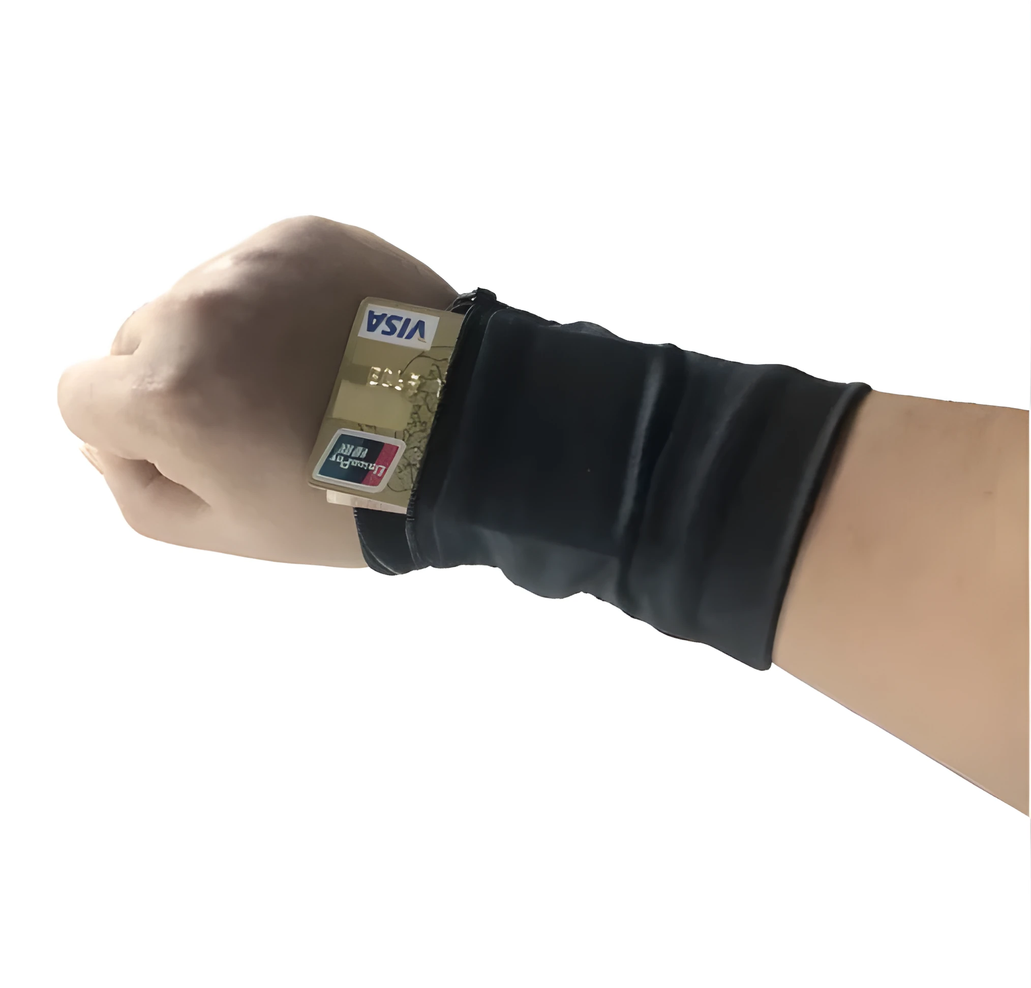 Sport phone arm bag wristband pocket in black with phone inserted, 10x12cm size