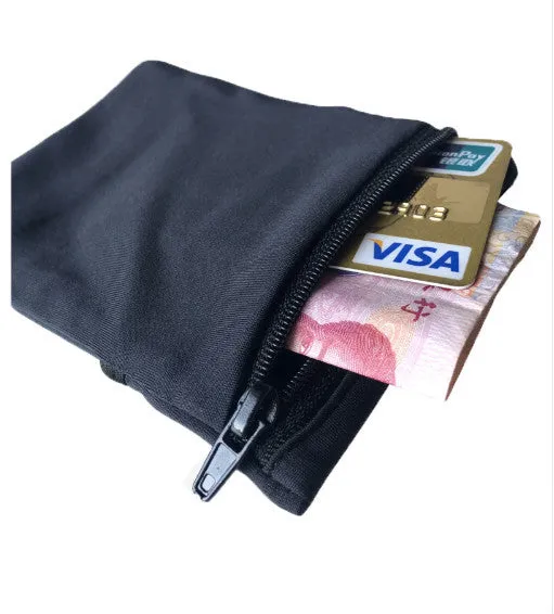 Sport phone arm bag wristband pocket in black with phone inserted, 10x12cm size