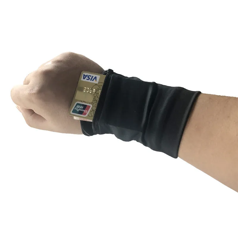 Sport phone arm bag wristband pocket in black with phone inserted, 10x12cm size