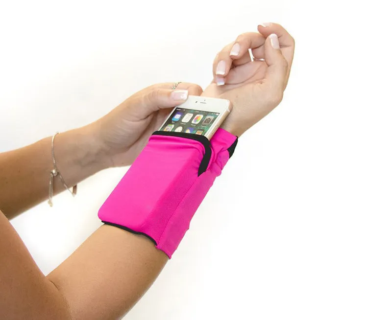 Sport phone arm bag wristband pocket in black with phone inserted, 10x12cm size