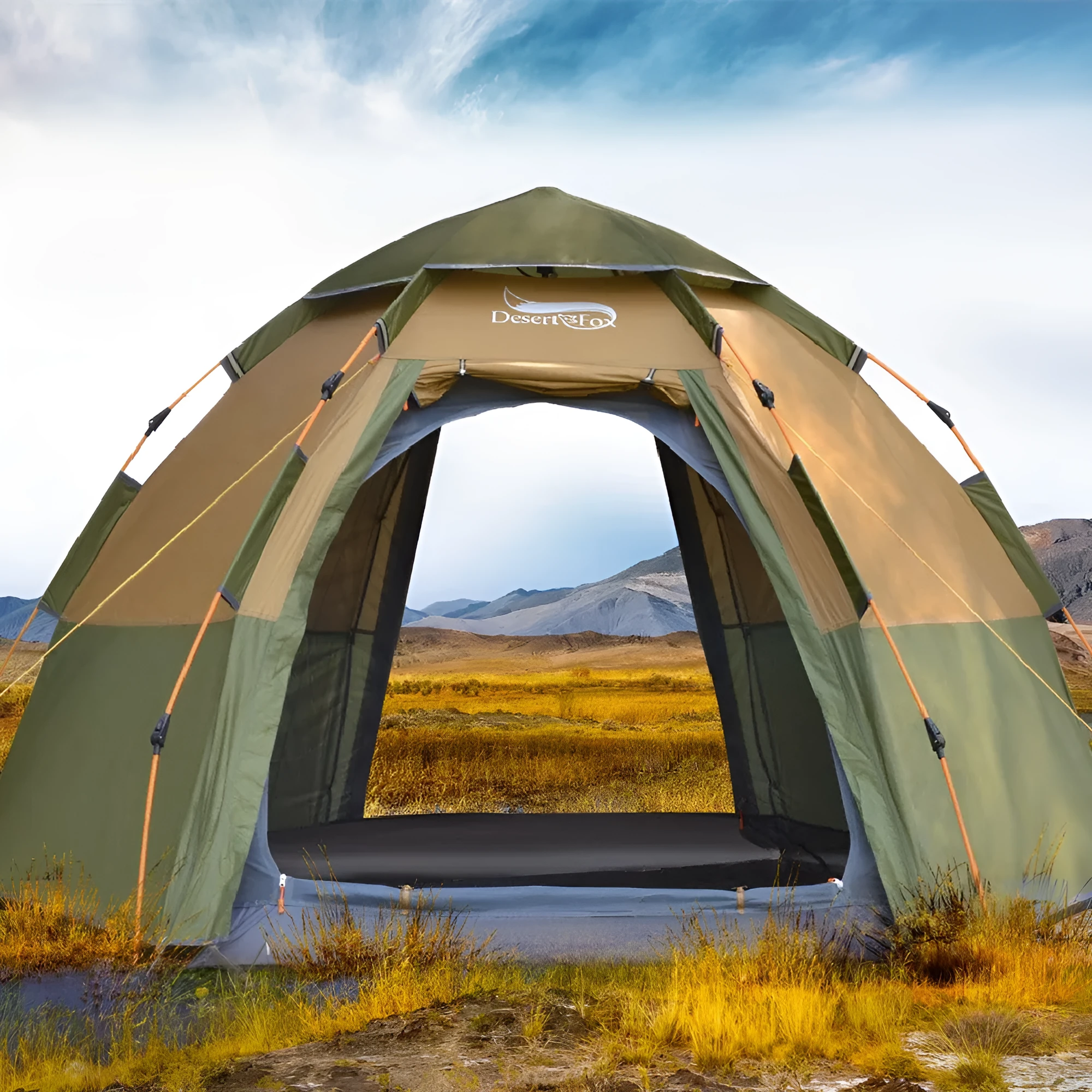 Khaki fully automatic hexagonal camping tent set up outdoors with two doors and dome shape, for 5-8 people