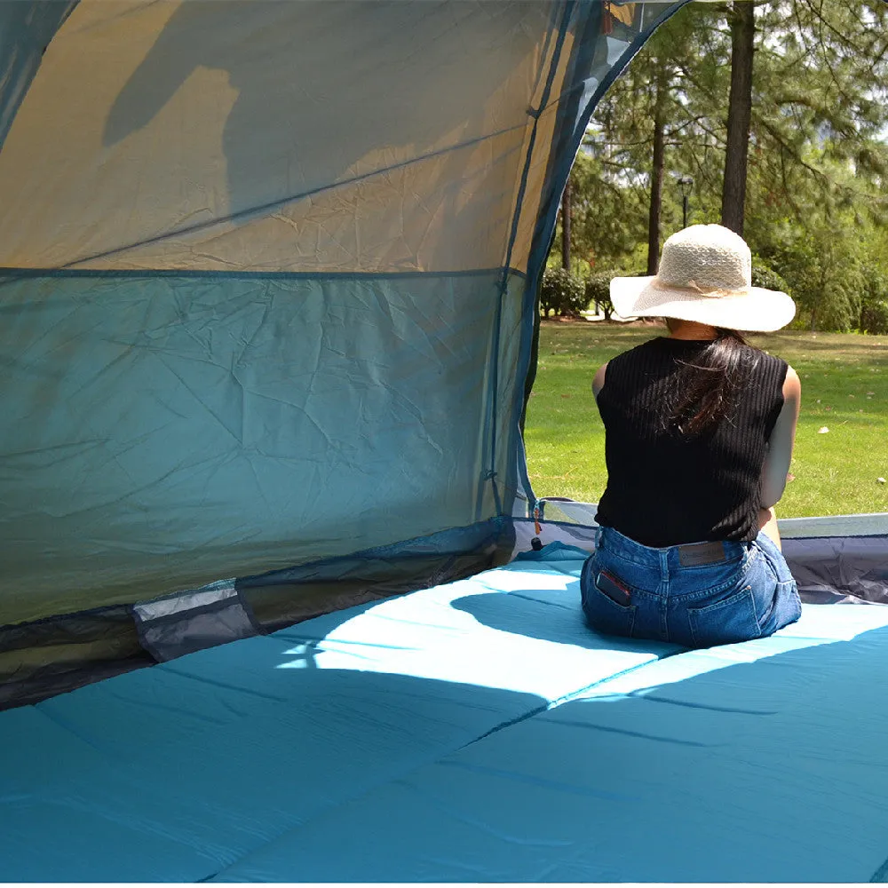 Khaki fully automatic hexagonal camping tent set up outdoors with two doors and dome shape, for 5-8 people