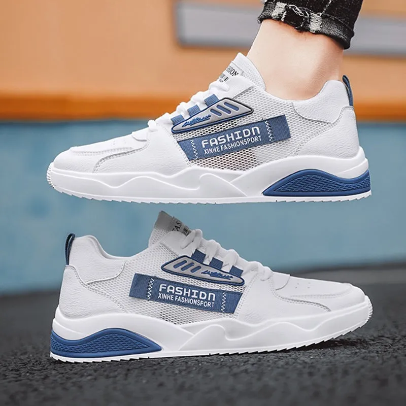 Men's casual mesh sports shoes in blue with round toe, rubber sole, and lace-up closure