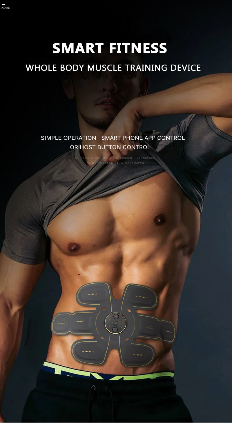 Black EMS abdominal muscle stimulator with hydrogel pads and USB cable on a white background