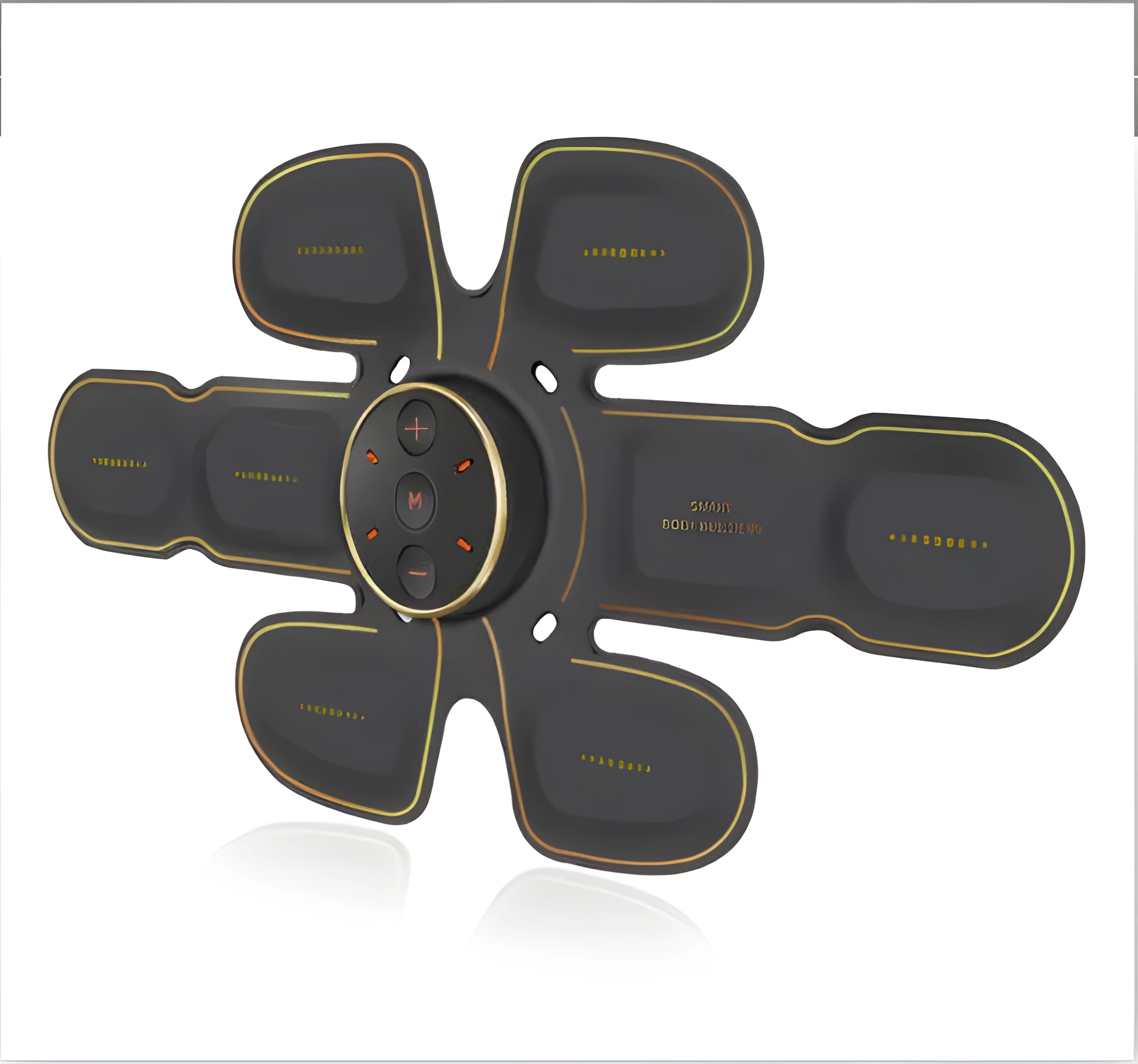 Black EMS abdominal muscle stimulator with hydrogel pads and USB cable on a white background