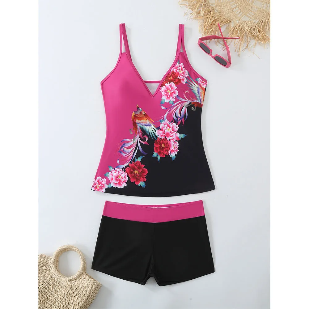 Women's plus size swimsuit set in black or rose red with briefs style and cotton lining