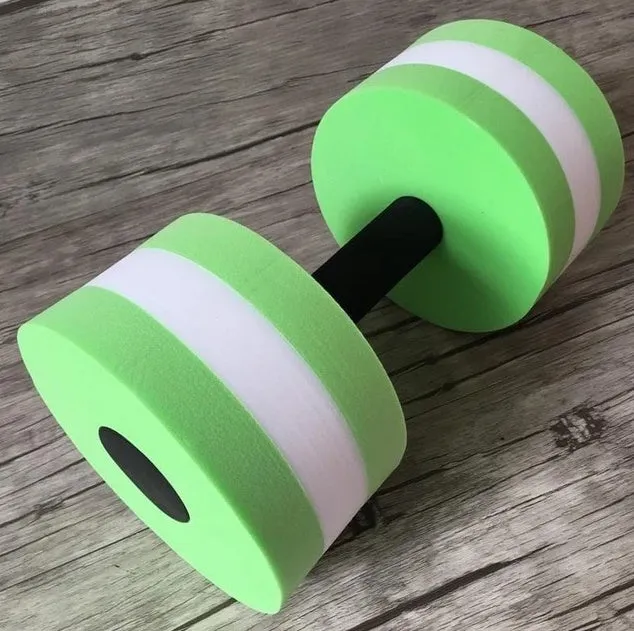 Water sports aerobics dumbbells in blue, pink, and green EVA foam, each 27 cm long