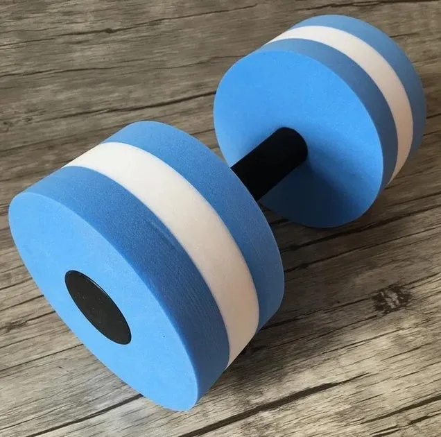 Water sports aerobics dumbbells in blue, pink, and green EVA foam, each 27 cm long