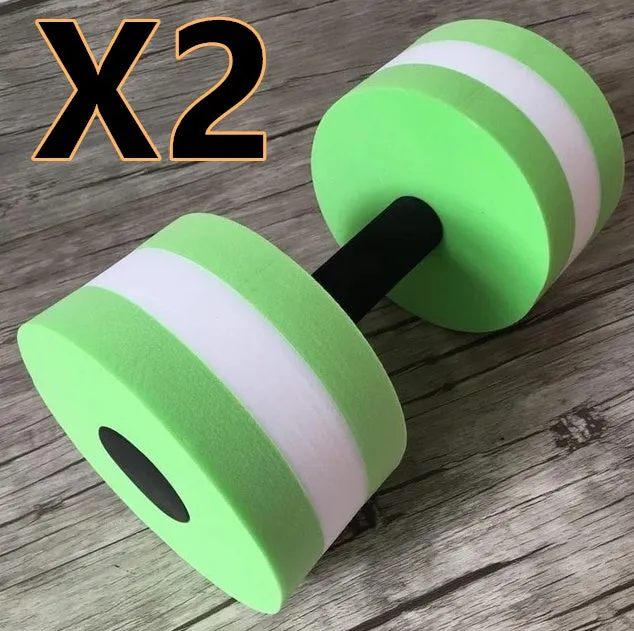 Water sports aerobics dumbbells in blue, pink, and green EVA foam, each 27 cm long