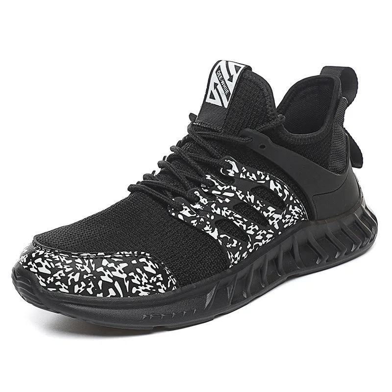 Flying woven mesh sneakers black side view showing lightweight plush upper and rubber sole