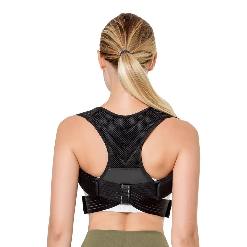 Black anti-humpback posture correction belt shown on a model, suitable for running and fitness.