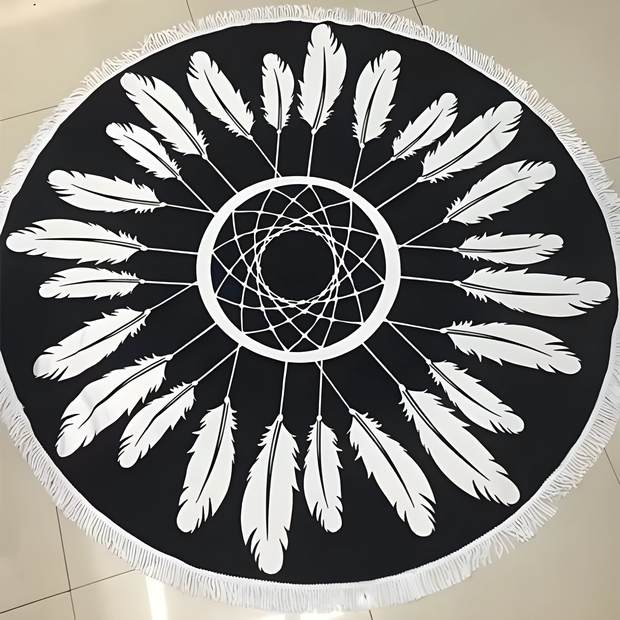 Round feather yoga mat in microfiber fabric, 150cm diameter, 250g, on floor