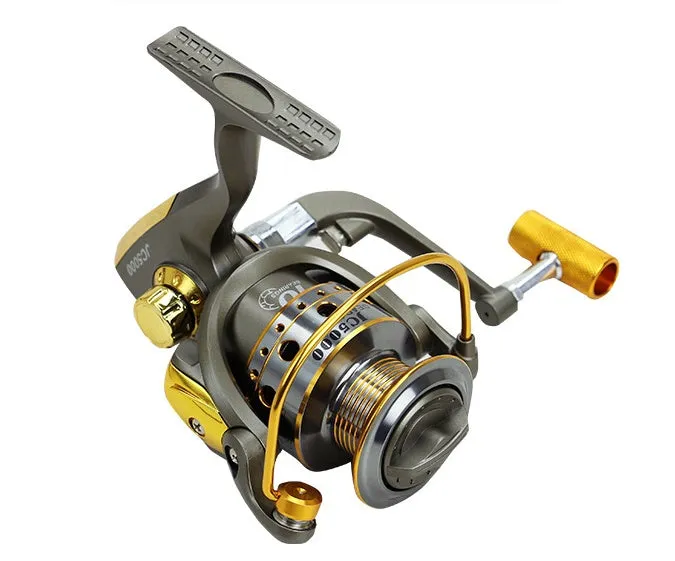 10-axis metal head spinning reel with metal line cup and folding rocker arm in silver and black