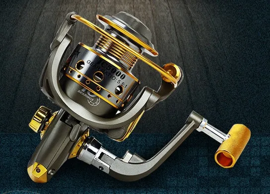 10-axis metal head spinning reel with metal line cup and folding rocker arm in silver and black