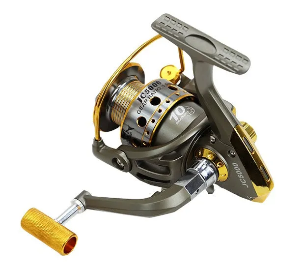 10-axis metal head spinning reel with metal line cup and folding rocker arm in silver and black