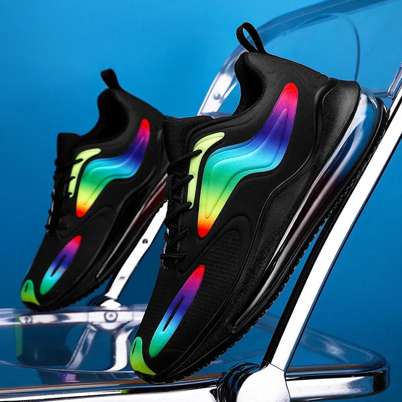 Men's casual mesh sports running shoes in black, side view, flat heel and round toe design