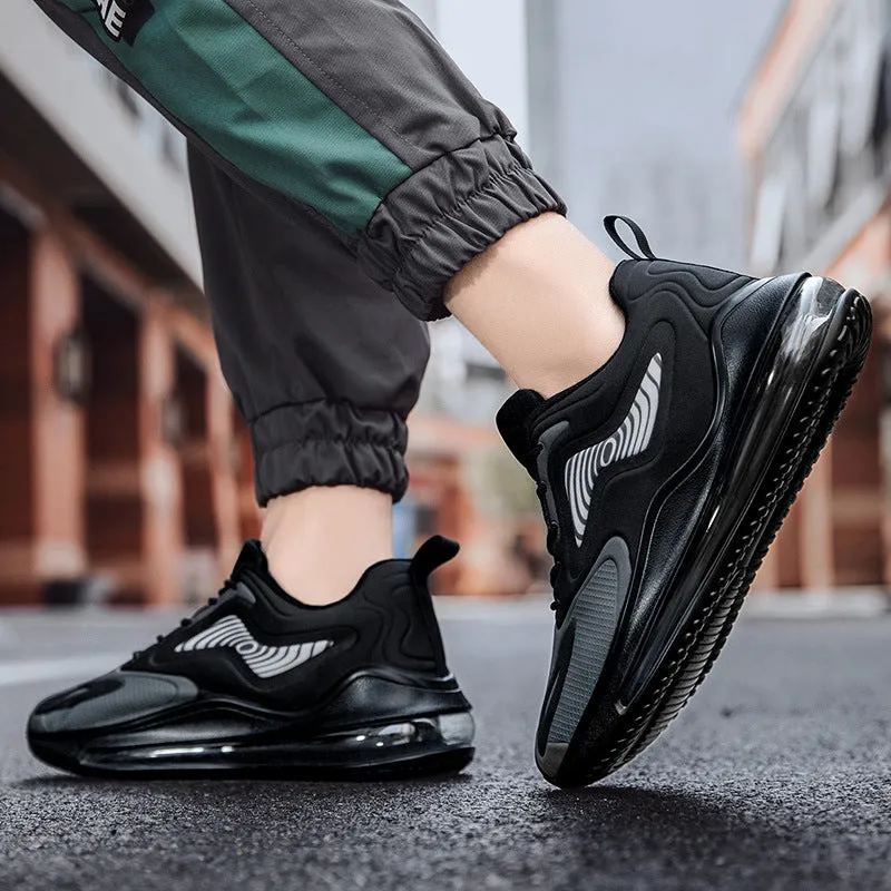 Men's casual mesh sports running shoes in black, side view, flat heel and round toe design