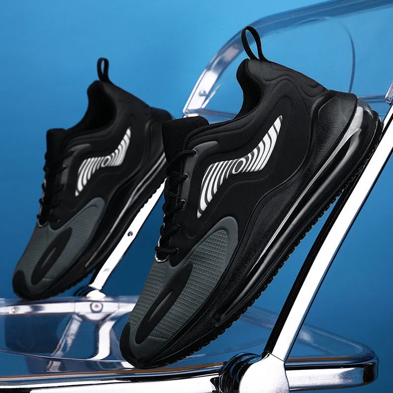 Men's casual mesh sports running shoes in black, side view, flat heel and round toe design