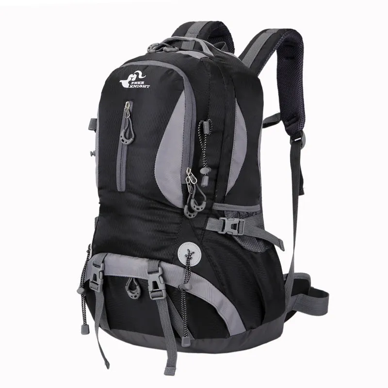 Outdoor waterproof nylon mountaineering bag 36-55L in black for hiking and camping