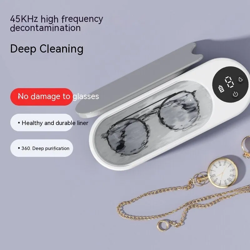 White ultrasonic glasses washing machine with compact design, USB power, and 200g weight
