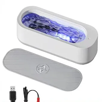 White ultrasonic glasses washing machine with compact design, USB power, and 200g weight