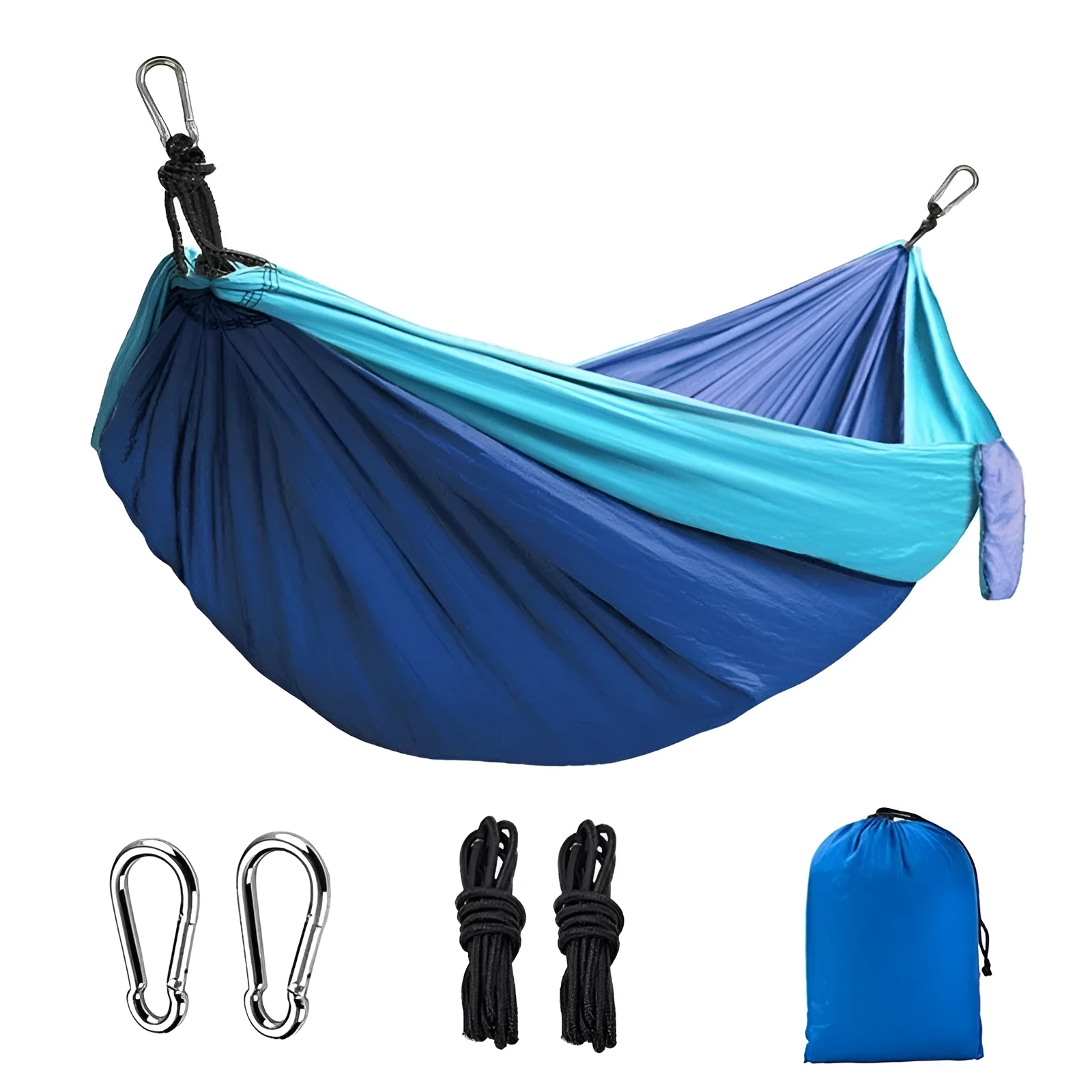 Blue nylon parachute cloth camping hammock hanging between two trees