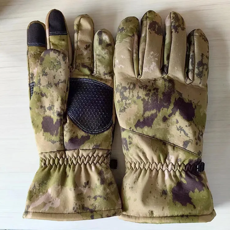 Army Green tactical ski gloves with touchscreen fingertips and anti-slip palm grip on a snowy background.