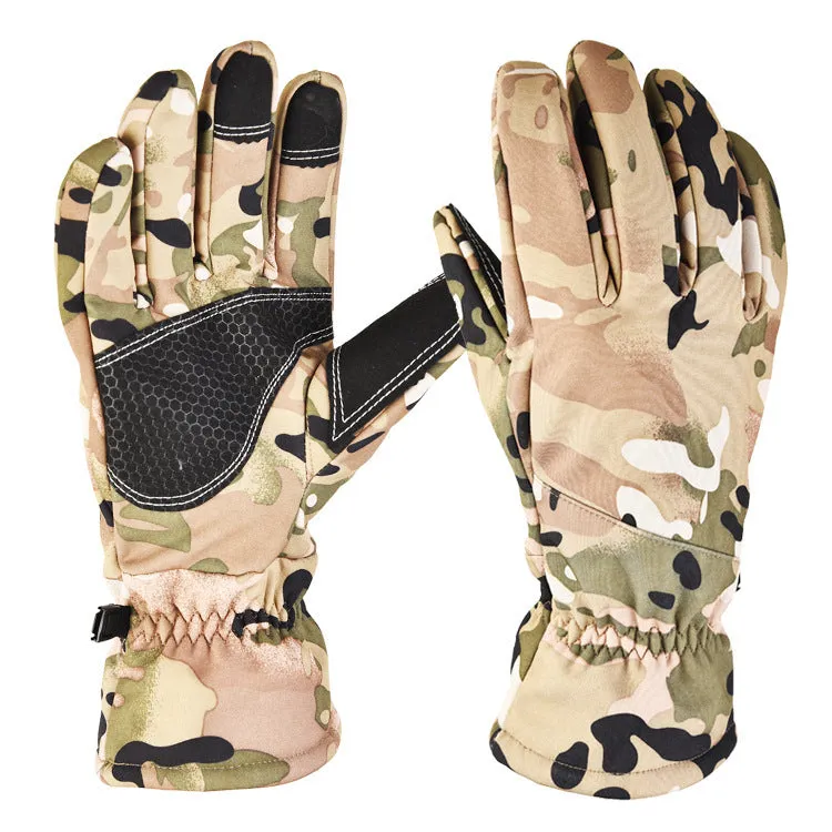 Army Green tactical ski gloves with touchscreen fingertips and anti-slip palm grip on a snowy background.