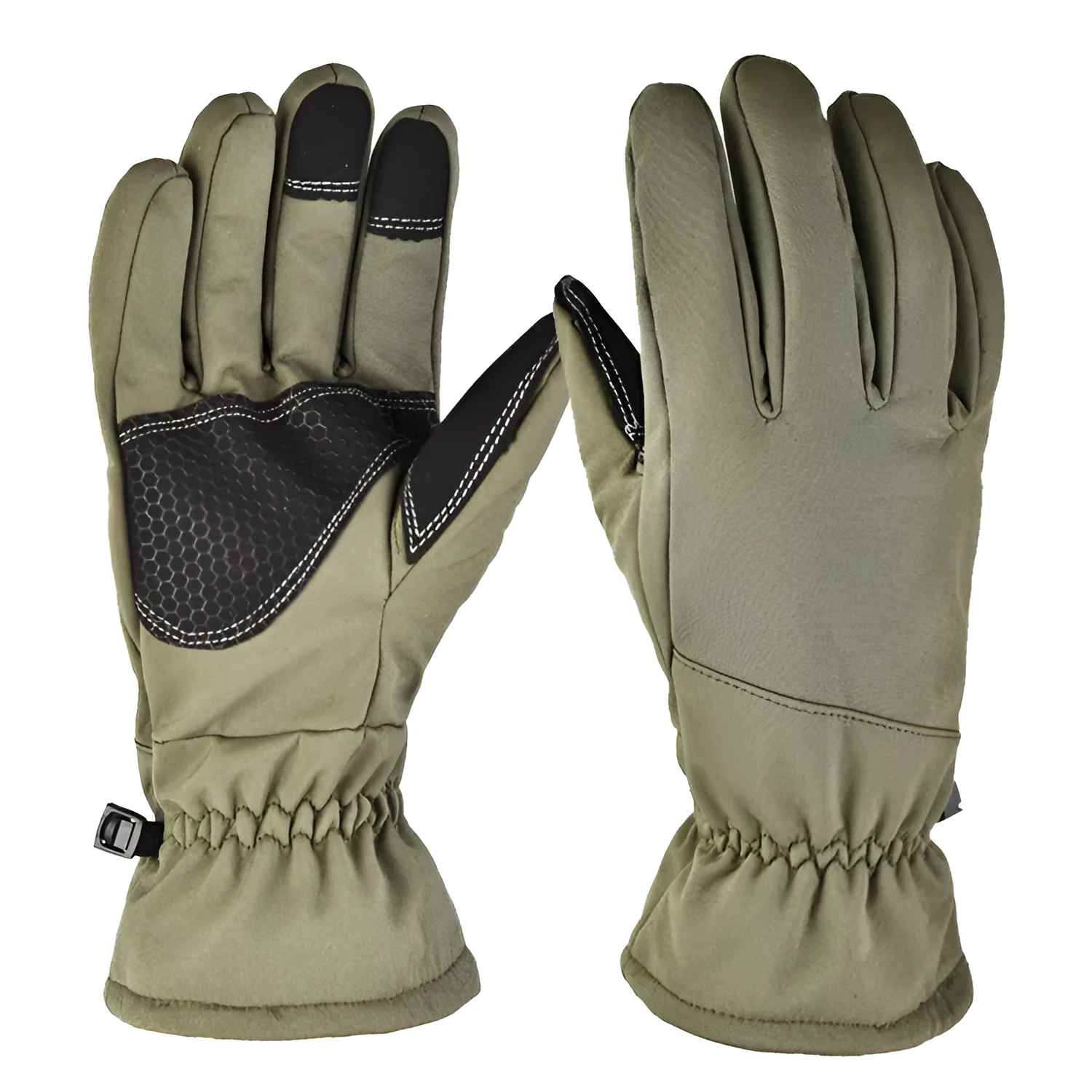 Army Green tactical ski gloves with touchscreen fingertips and anti-slip palm grip on a snowy background.