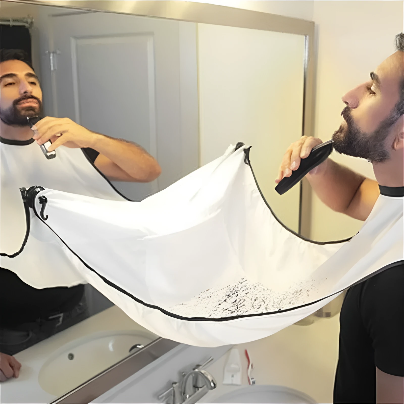 Shaving apron 110x70cm in black with transparent suction cup on bathroom mirror