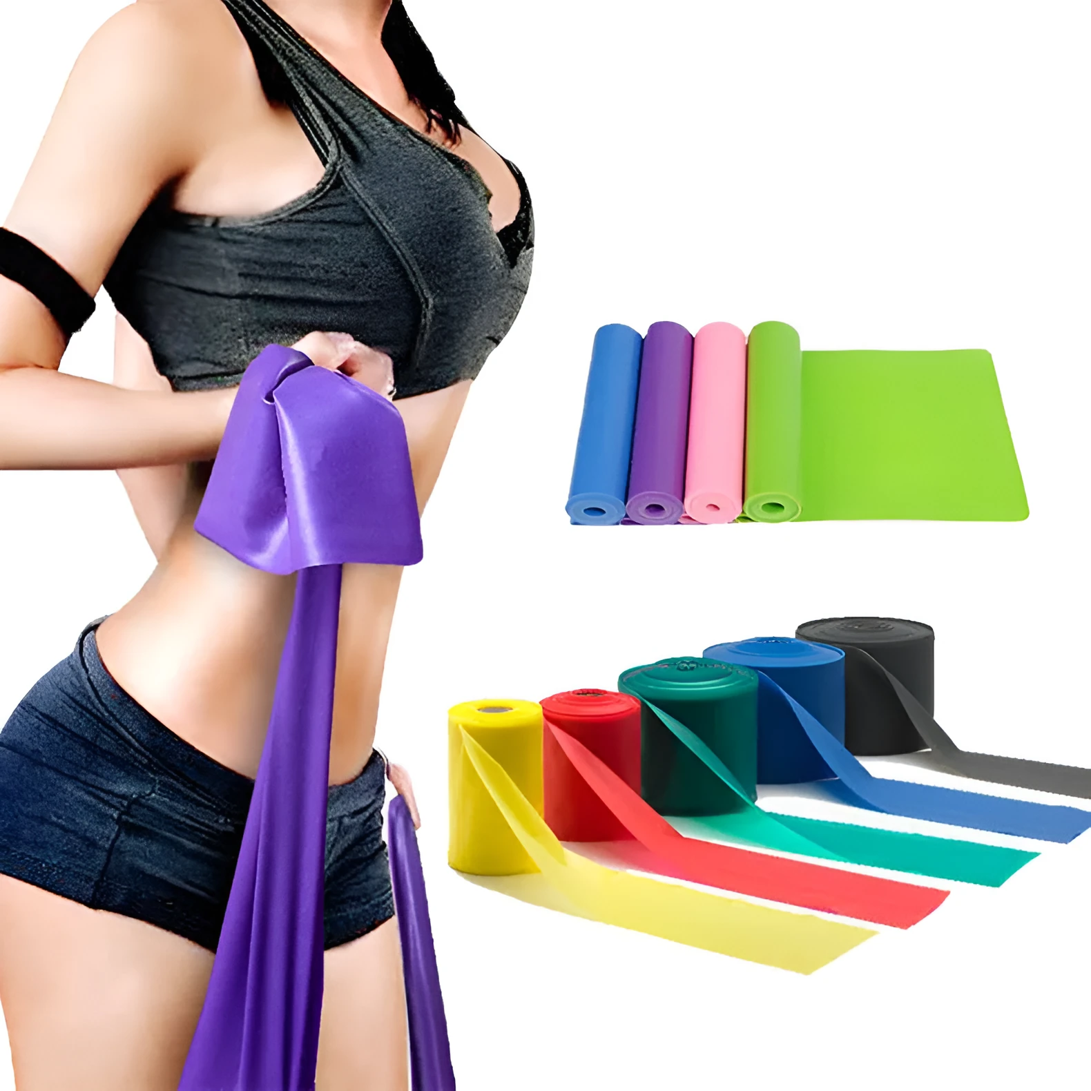 TPE yoga stretch drag strap tension band 1500mm long in blue on a workout mat