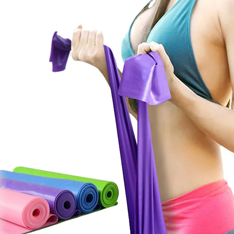 TPE yoga stretch drag strap tension band 1500mm long in blue on a workout mat