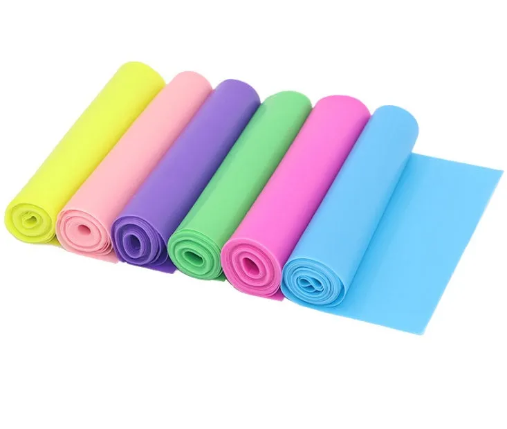 TPE yoga stretch drag strap tension band 1500mm long in blue on a workout mat