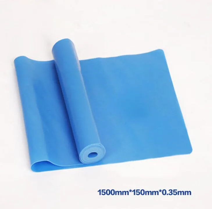 TPE yoga stretch drag strap tension band 1500mm long in blue on a workout mat