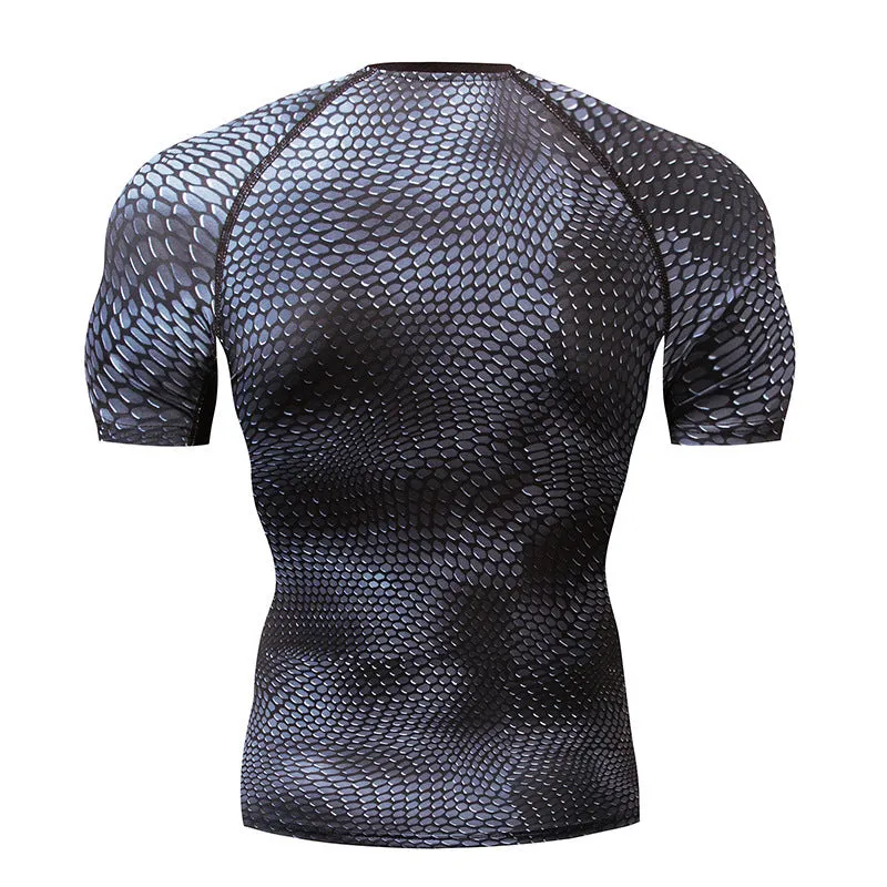 Men's black Lycra spandex compression running short sleeve top on model