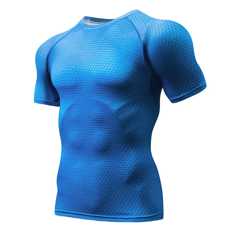 Men's black Lycra spandex compression running short sleeve top on model