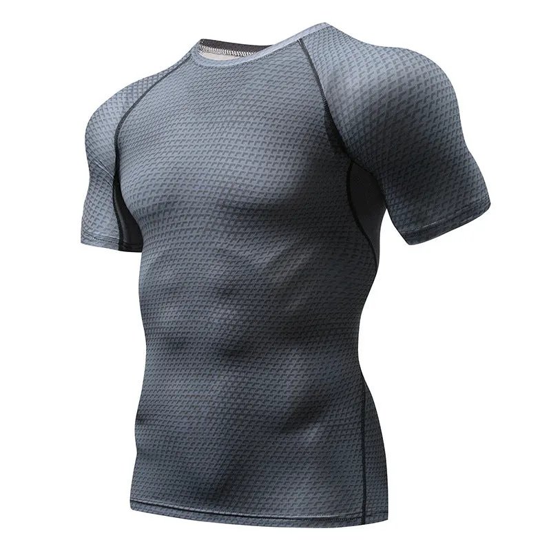Men's black Lycra spandex compression running short sleeve top on model