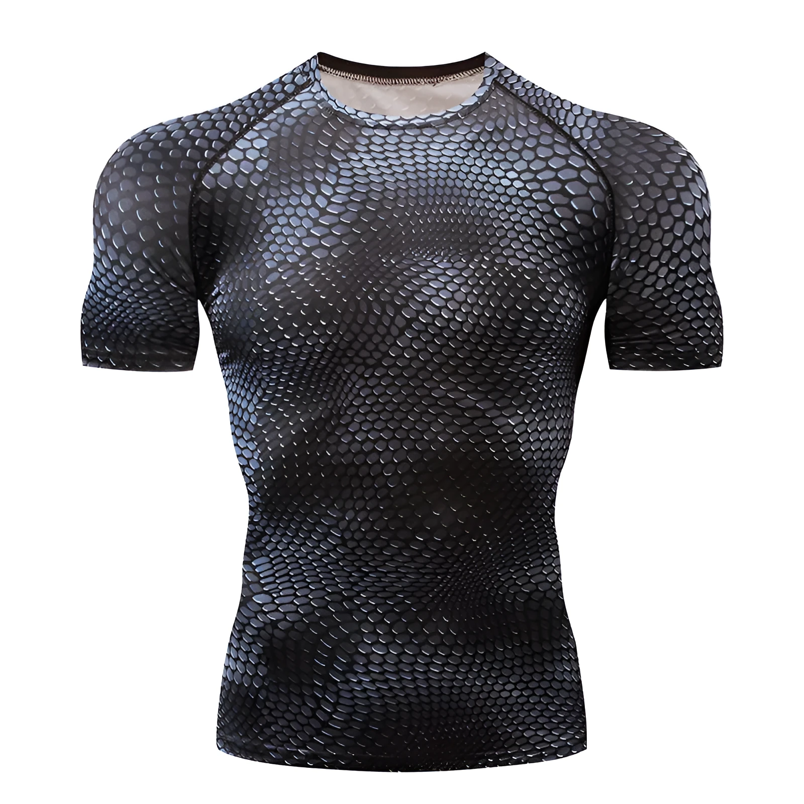 Men's black Lycra spandex compression running short sleeve top on model