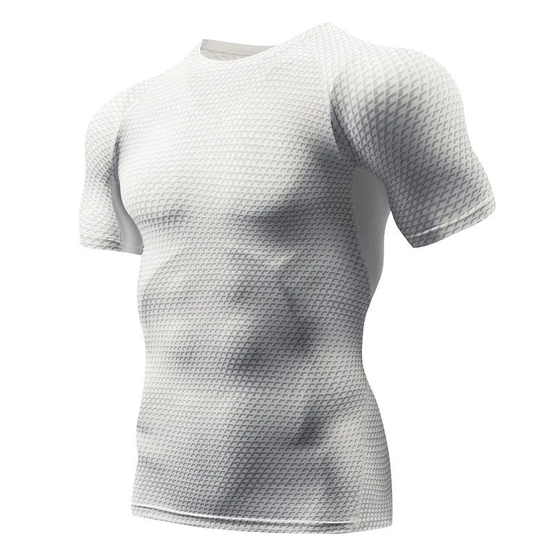 Men's black Lycra spandex compression running short sleeve top on model