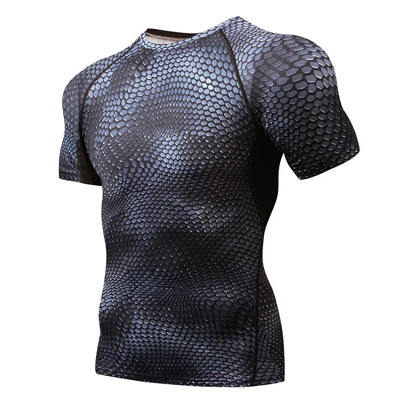 Men's black Lycra spandex compression running short sleeve top on model