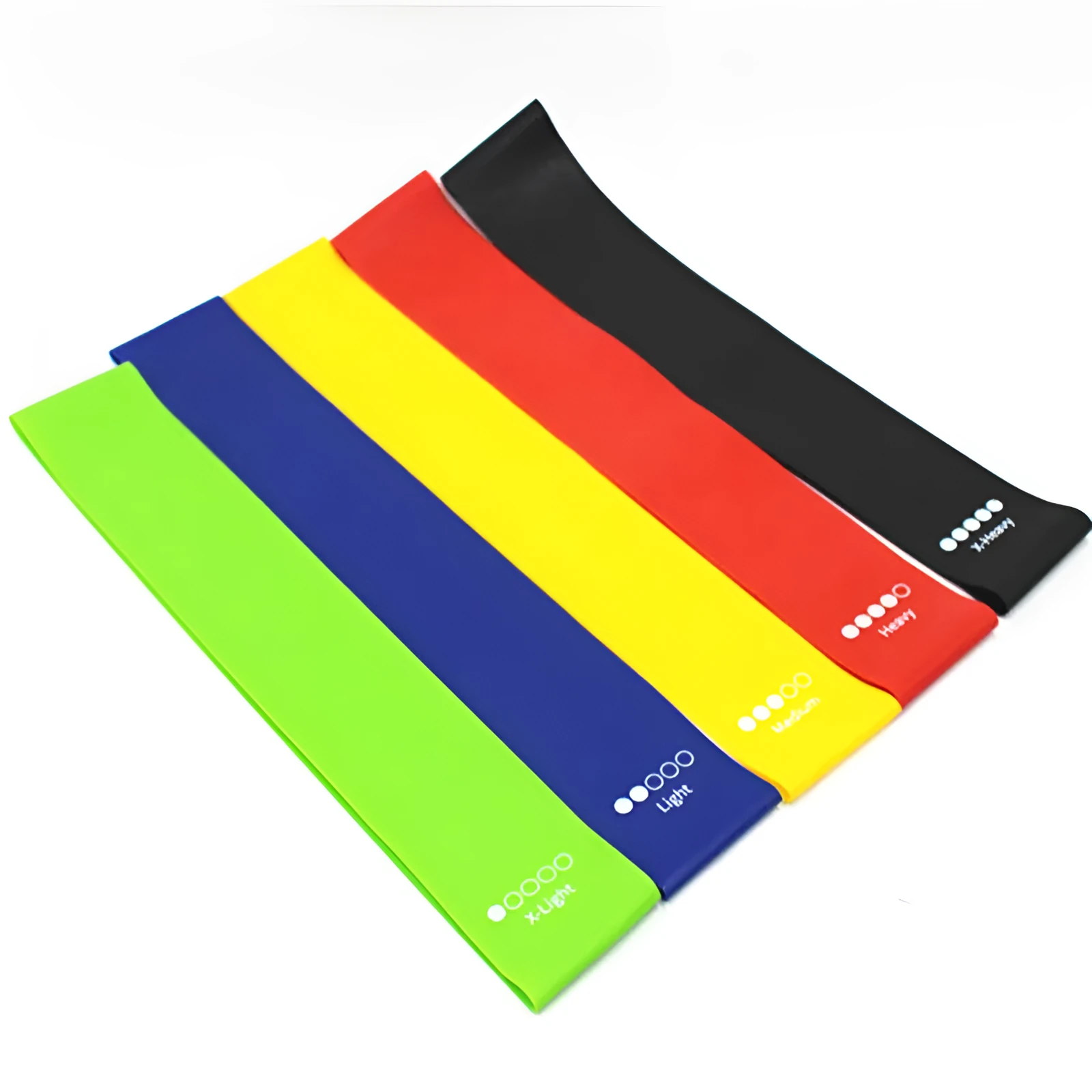 5-piece resistance band set in green blue red black yellow each 600x50mm with custom logo option
