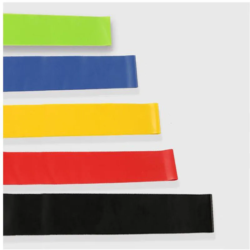 5-piece resistance band set in green blue red black yellow each 600x50mm with custom logo option