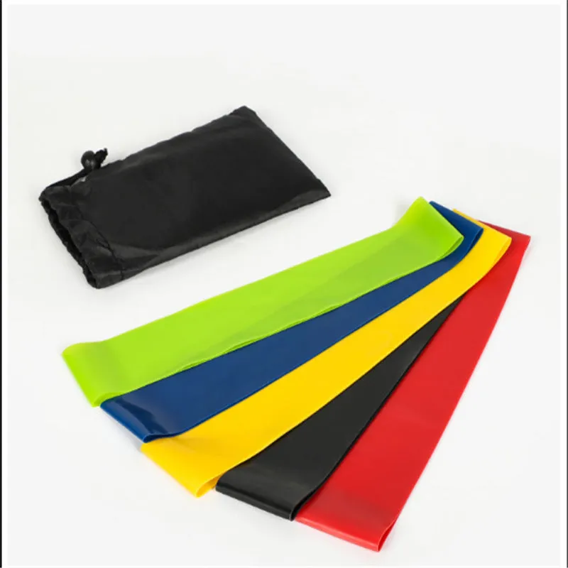 5-piece resistance band set in green blue red black yellow each 600x50mm with custom logo option